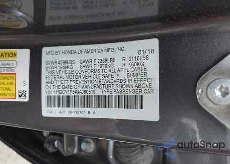 2018 Honda Accord Ex-L z USA, uszkodzony, nr VIN 1HGCV1F54JA080519
